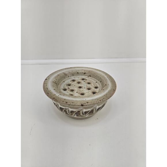 Vintage handmade pottery flower frog bowl earthy tan glaze - Picture 1 of 5